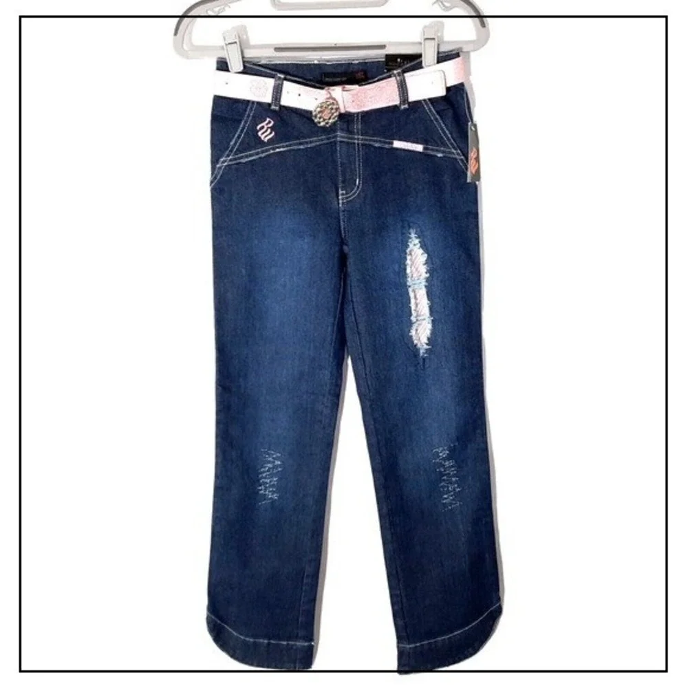 Y2K Rocawear Girl Jeans 4 Bootcut Belt Embroidery Rhinestone‎ Urban Distressed